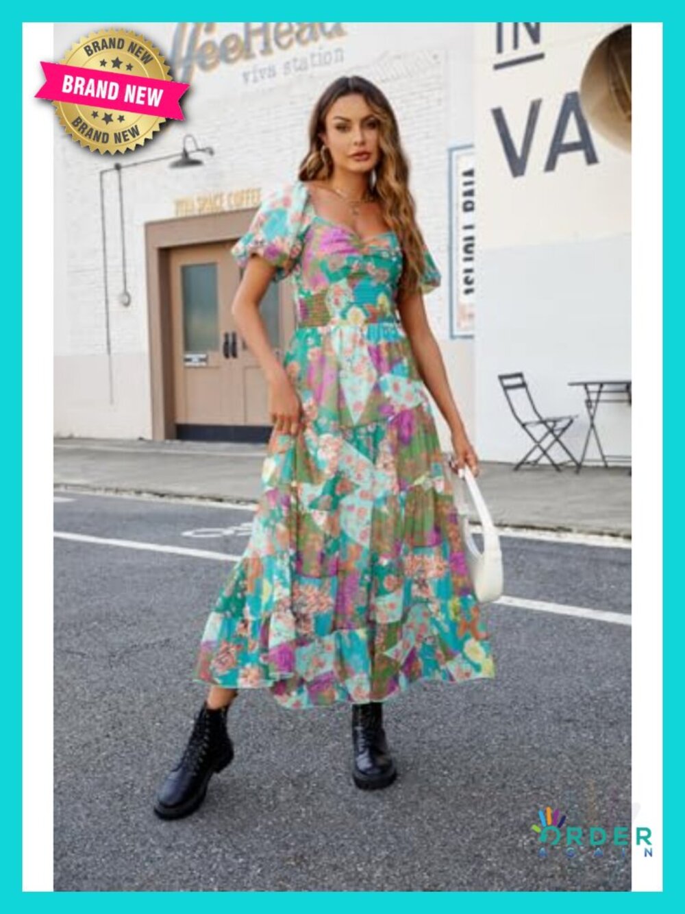 Floral Maxi Dress Short Puff Sleeve V Neck Bohemian Flowy Smocked Casual - Picture 4 of 6
